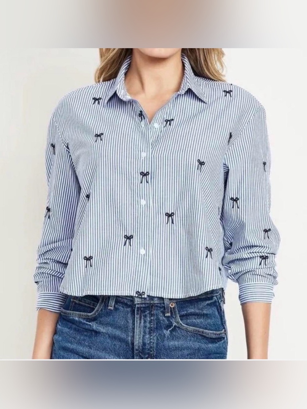 Old Navy Blue and White Striped Button-Down with Bow Embroidery Size Xl